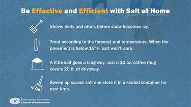 Be effective and efficient with salt at home. Shovel early and often. A little salt goes a long way. Sweep up excess.