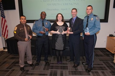 Photo with 2016 award winners, from left: Sergeant Jose Quiroz, Officer Darryl Wilson, Dispatcher Mindy Secrest, Deputy Shaun Lewis and Officer Michael Keen.