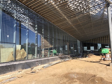 Installation of the glass panels on the East face of the building. The vertical lines seen on the glass is a frit pattern to ensure the glass is a visible obstacle for birds.