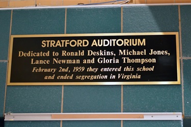 Plaque dedicating the Stratford Auditorium. Photo by Blake Tippens