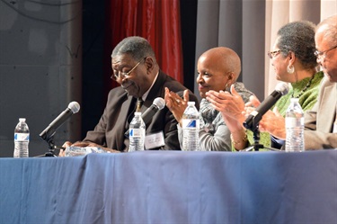 Evening panelists, L to R: Taylor, Mondé., Hamm and Newman. Photo by Blake Tippens