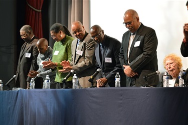 Evening panelists, L to R: Dr. Alfred Taylor, Jr., Sharon Mondé, Carmela Hamm, Lance Newman, Michael Jones, Ronald Deskins, and Martha Miller. Photo by Blake Tippens