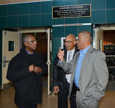 Michael Jones, Deskins, and Newman outside the Stratford Auditorium that has been dedicated in their honor. Photo by Greg Embree