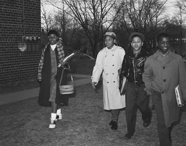 Four African American pupils, first to breach the color line in the history of Virginia public schools, leave home to attend classes at Stratford Junior High School in Virginia Feb. 2, 1959. They are, from left, Gloria Thompson, Ronald Deskins, Lance Newman and Michael Jones. (AP Photo)