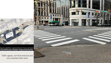 Traffic signals, non-flush tree box and non-compliant ADA ramp