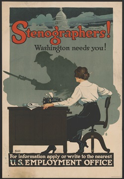 Poster with text 'Stenographers! Washington needs you!'