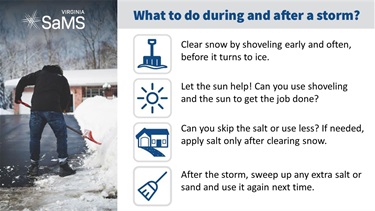 Clear snow by shoveling. Let the sun help. Can you skip the salt or use less? Sweep it up after.