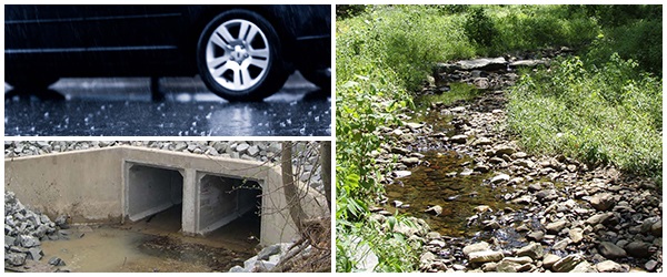 Collage with three photos, wet road, storm drain and a small creek