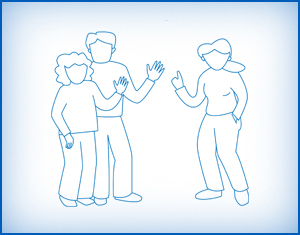 cartoon graphic of three people waving