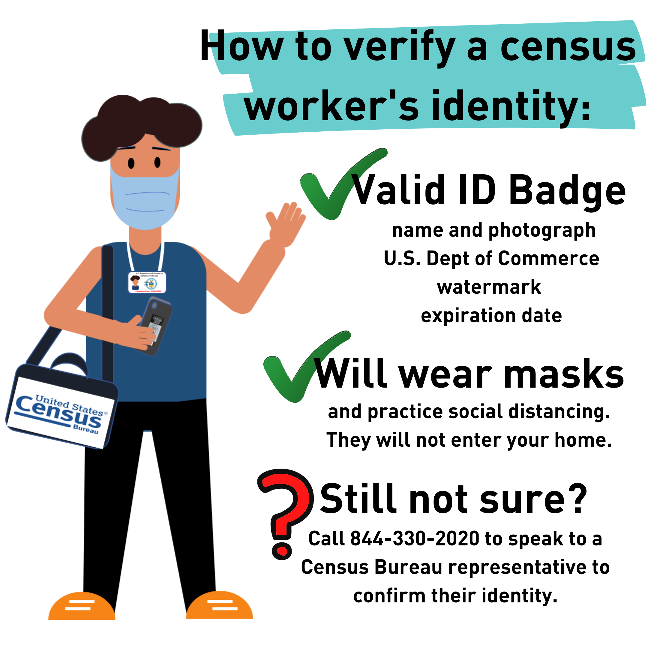 Graphic with text including How to verify a census worker's identity: will have a valid ID badge, wearing a mask, still not sure call 8443302020