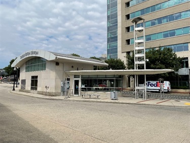 Rear of Shirlington Bus Station including bus loop and bus stop