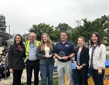 (L to R): Natalie Draisin, Director - North America, FIA Foundation; Takis Karantonis, Arlington County Board Vice Chair; Maureen Coffey, Arlington County Board Member; David Priddy, Arlington School Board Member; Nancy Pullen-Seufert, Director, National Center for Safe Routes To School; Hui Wang, Deputy Director & Director of Transportation, Department of Environmental Services